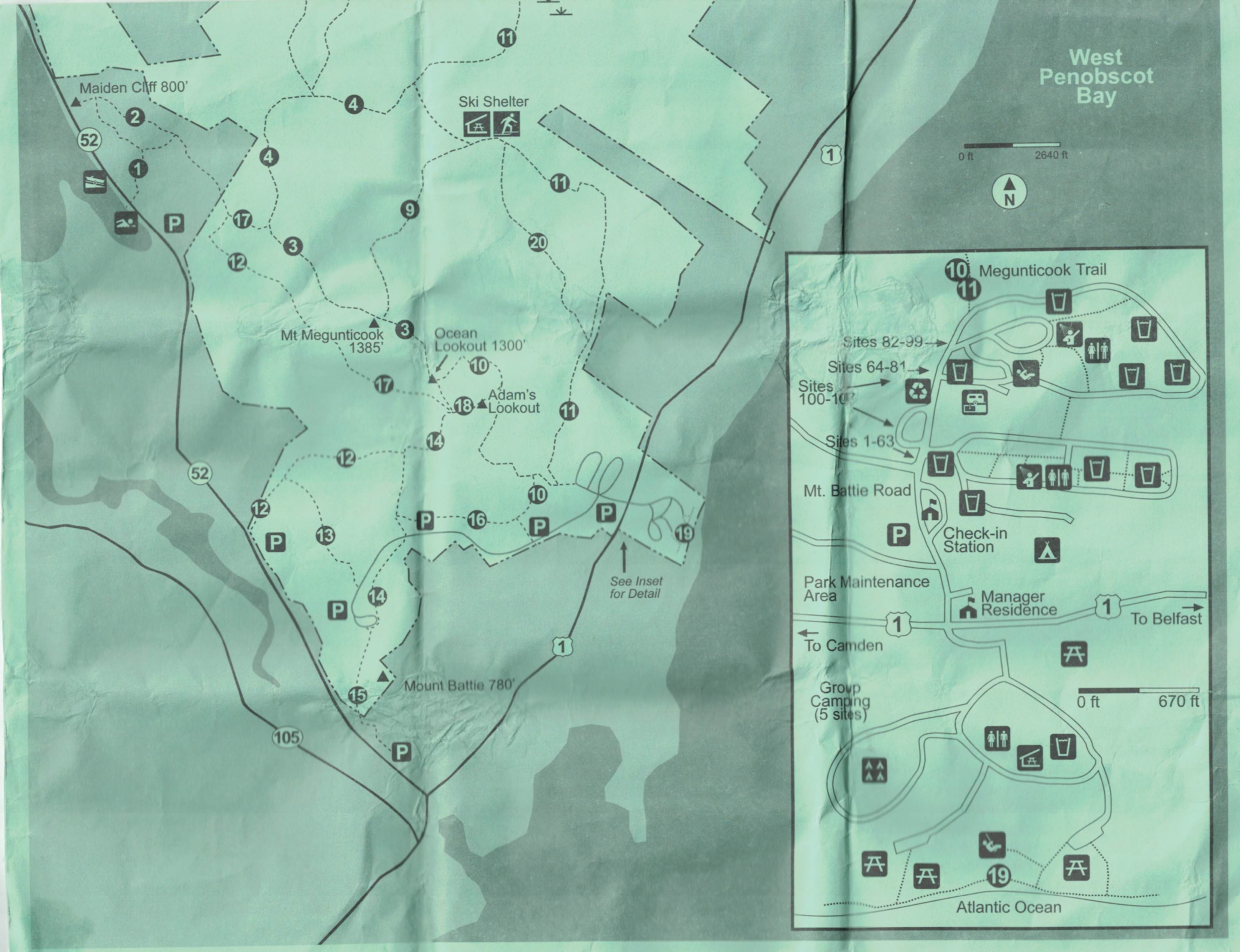 Camden Hills State Park map for Mount Megunticook
