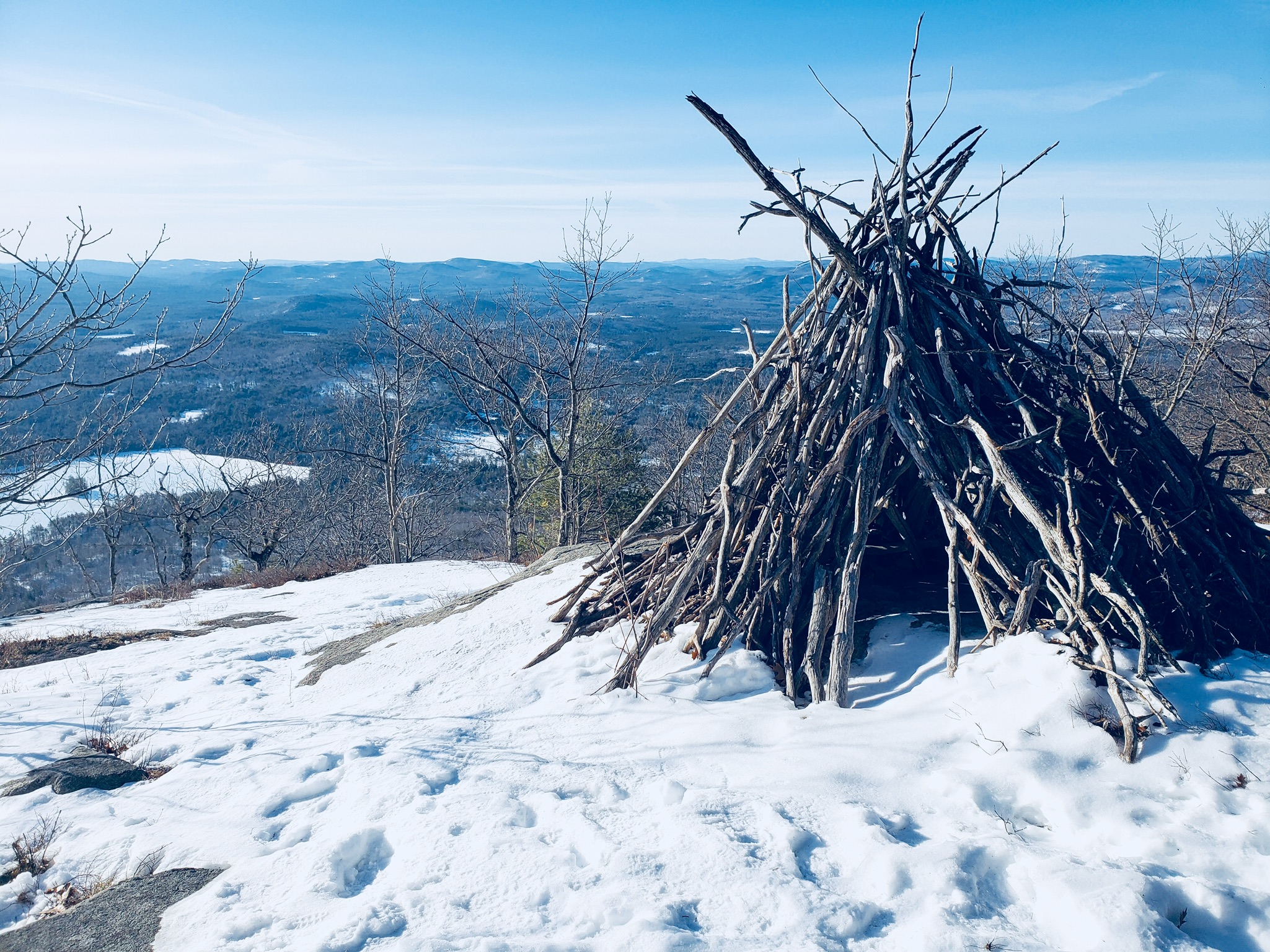 Wood teepee near Southwest Summit, Pleasant Mountain