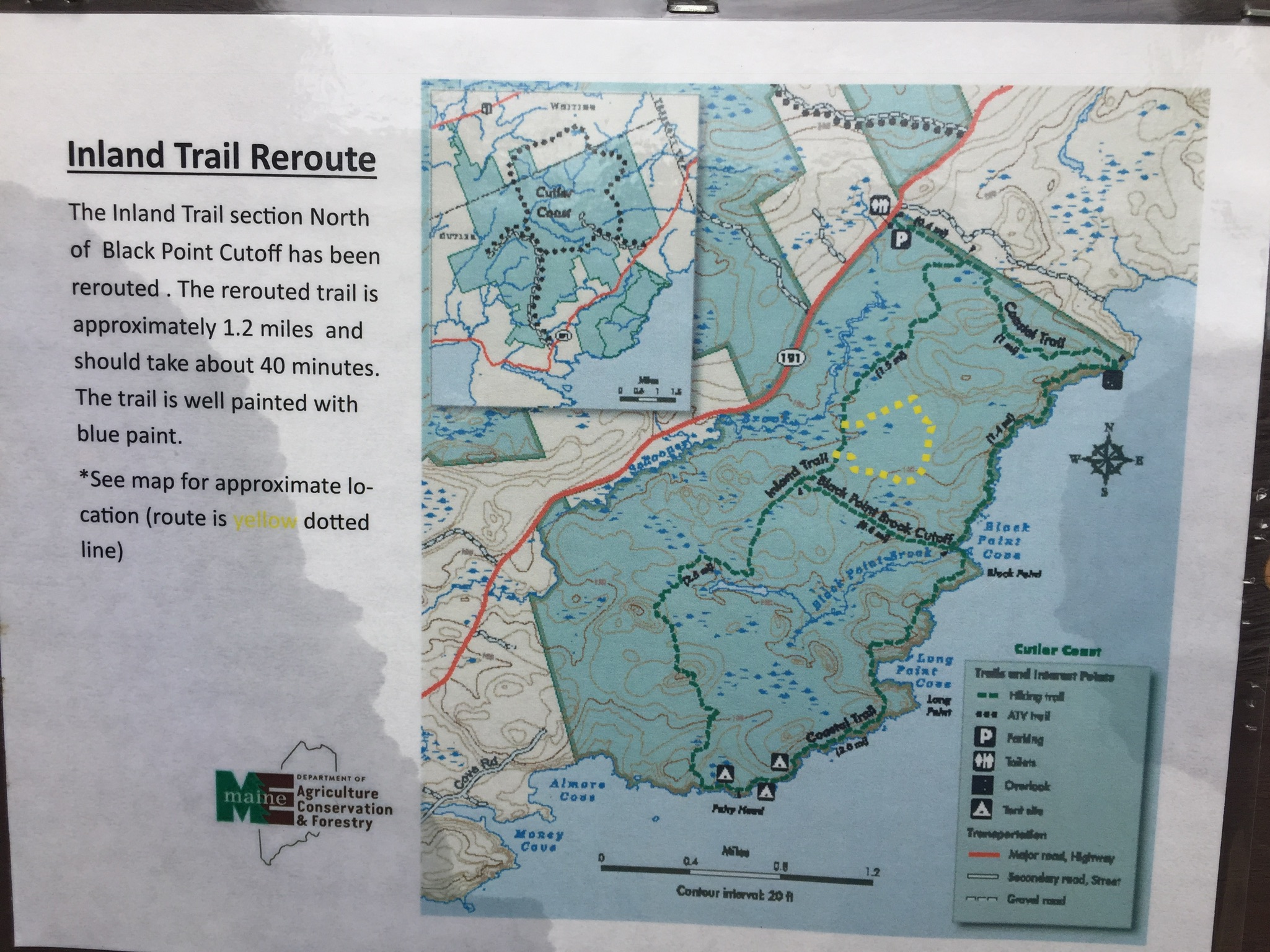 Inland Trail Reroute (note 1.2 mile change in yellow), Cutler Coast Public Lands