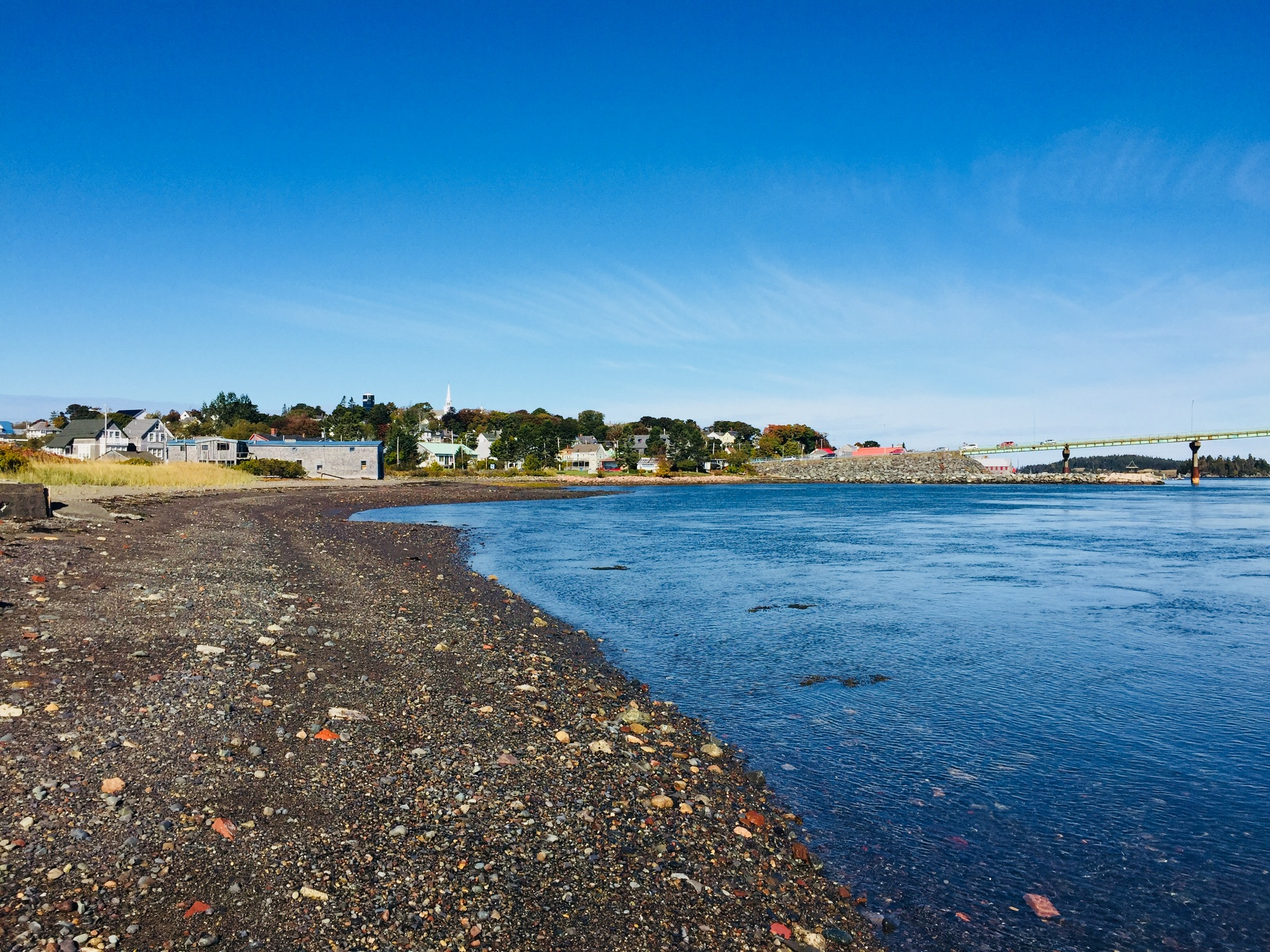 View of downtown Lubec and the international bridge to Campobello from Mowry Beach