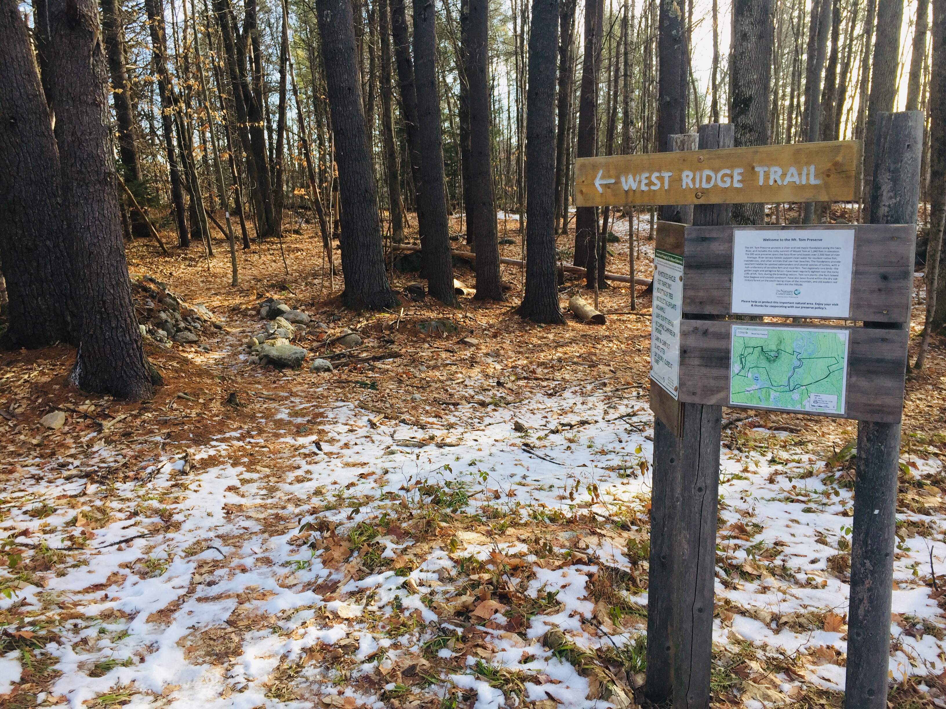 Kiosk and start of West Ridge Trail from Nature Conservancy parking lot, Mount Tom Preserve, Fryeburg, Maine.