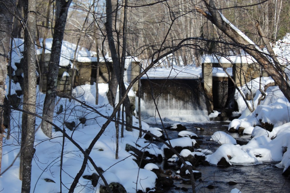 Icy mill dam outlet of Heald Pond, Lovell, ME