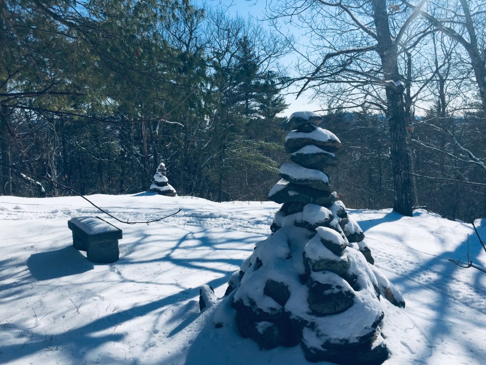 Summit cairns and bench, Amos Mountain, Lovell, ME